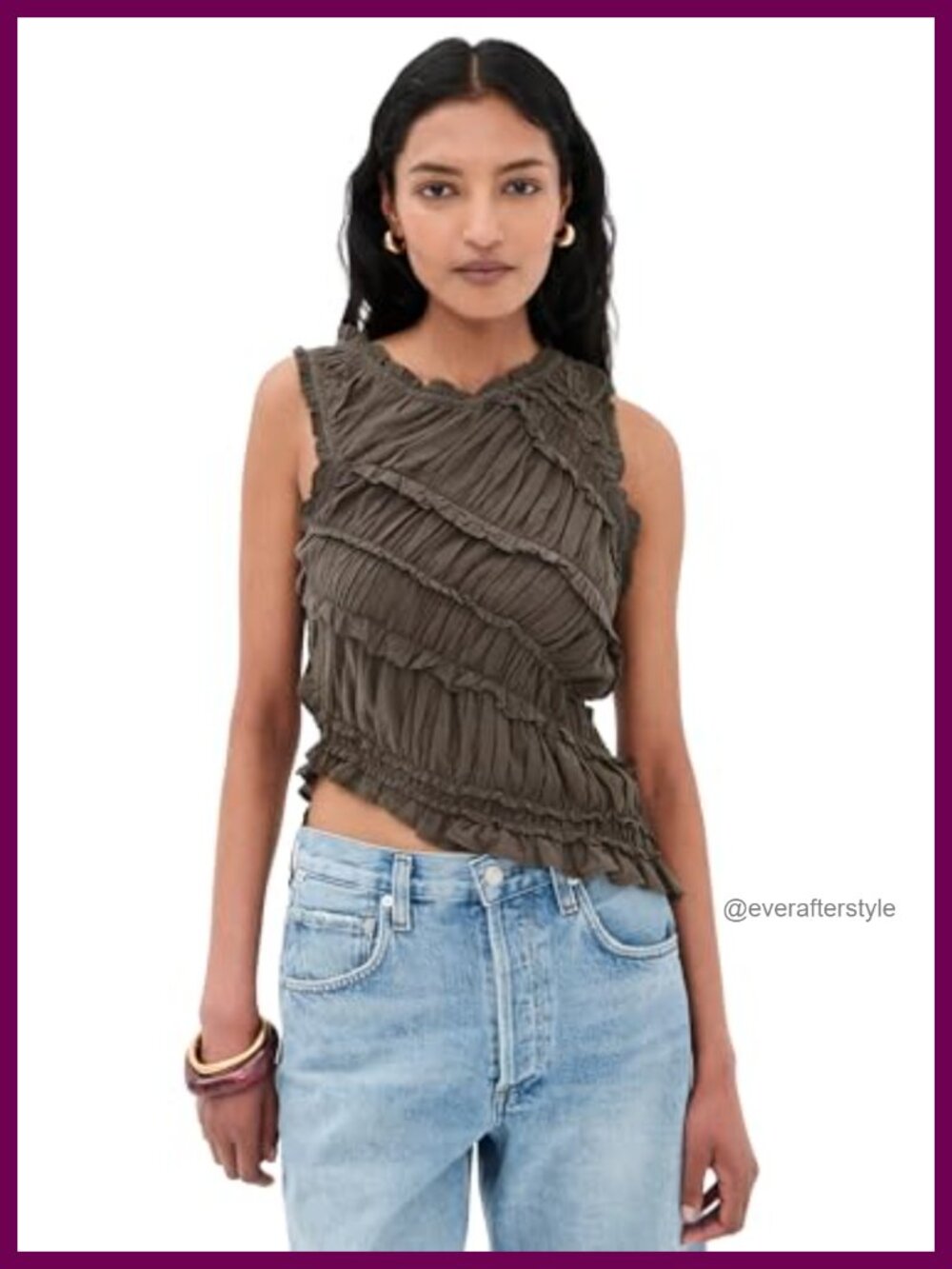Smocked Asymmetrical Hem Top Lightweight Stretch Crepe